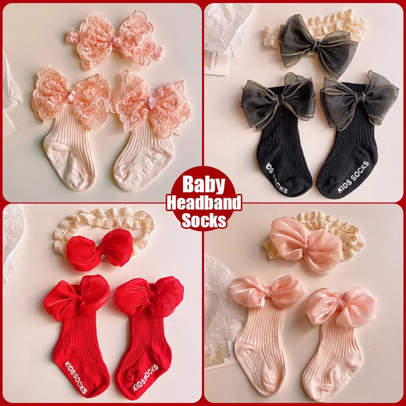 Baby Lace Headband with Ruffled Edges Bow Anti Slip Socks Set Princess Cute Photo Hair Accessories Photography Props