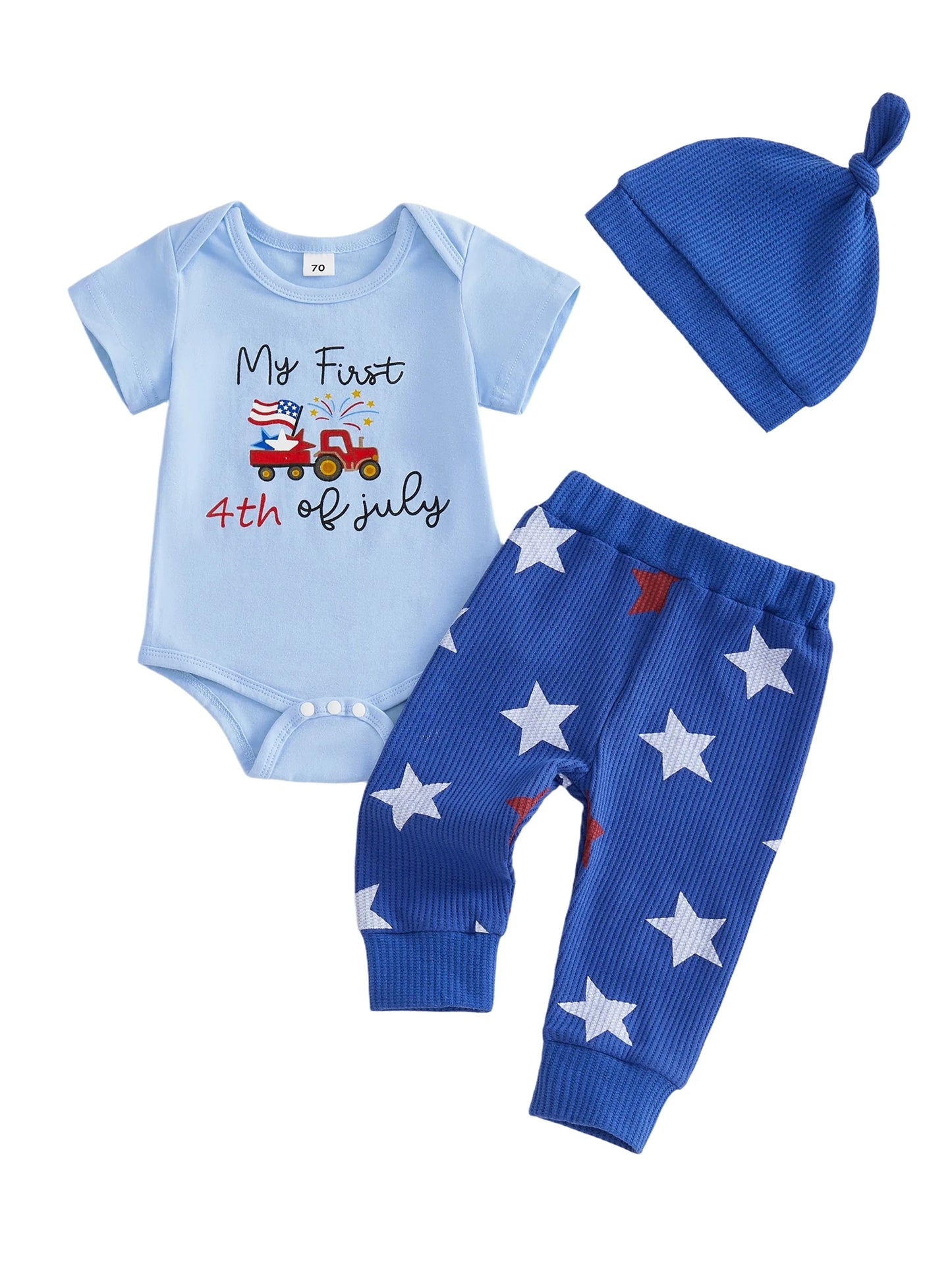 4th of July Baby Boys Outfit Adorable Letter Tractor Print Short Sleeve O Neck Jumpsuit Hat Elastic Waist Pants Set