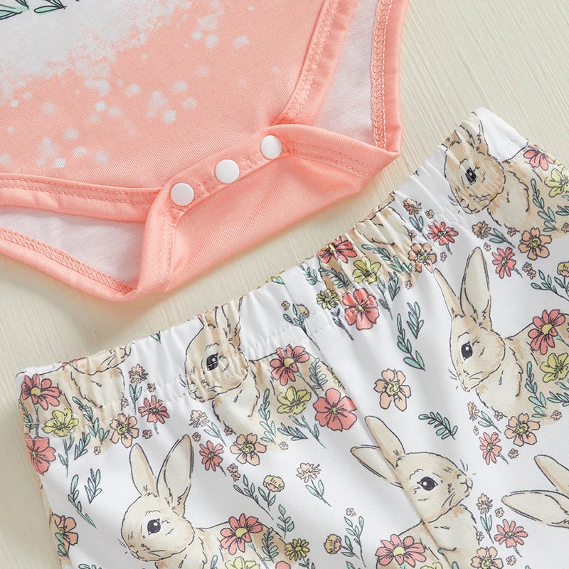 Baby Girls Easter Outfits with Bow Headband Bunny Pattern Rompers with Flared Pants 3 Pcs Newborn Clothes Set