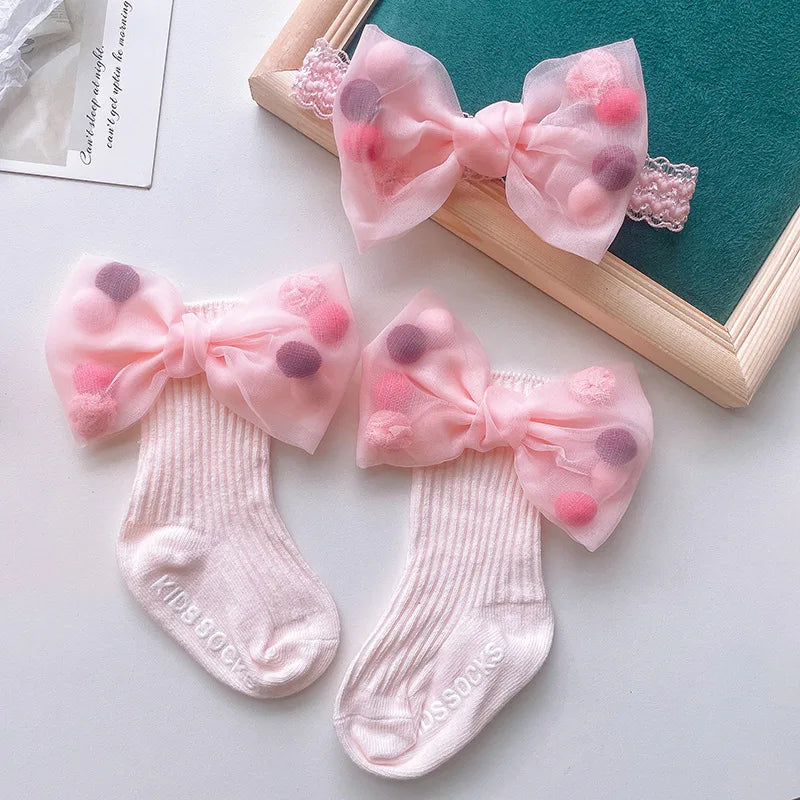 Baby Lace Headband with Ruffled Edges Bow Anti Slip Socks Set Princess Cute Photo Hair Accessories Photography Props