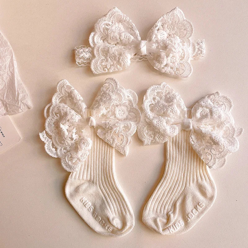 Baby Lace Headband with Ruffled Edges Bow Anti Slip Socks Set Princess Cute Photo Hair Accessories Photography Props