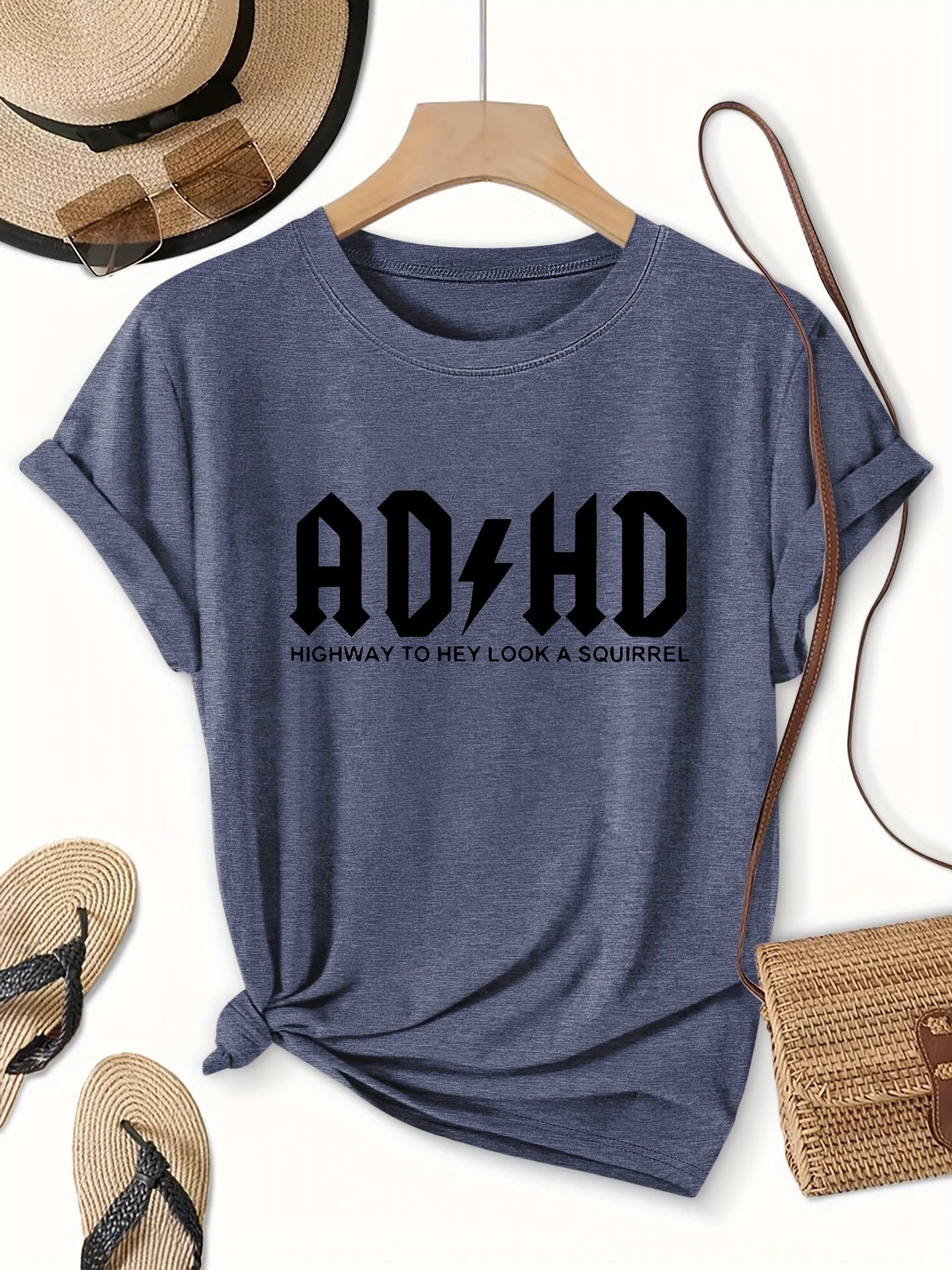 ADHD Highway To Hey Look A Squirrel Women's Tee, Funny Grey Top