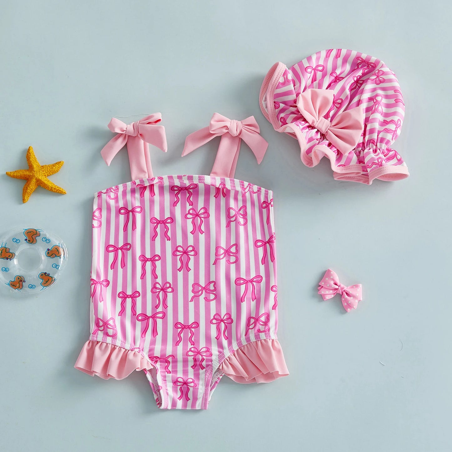 FOCUSNORM 0-3Y Lovely Toddler Baby Girls Summer Swimsuit Strawberry/Bow/Cherry Print Sleeveless Tie Shoulder Bathing Suit Cap