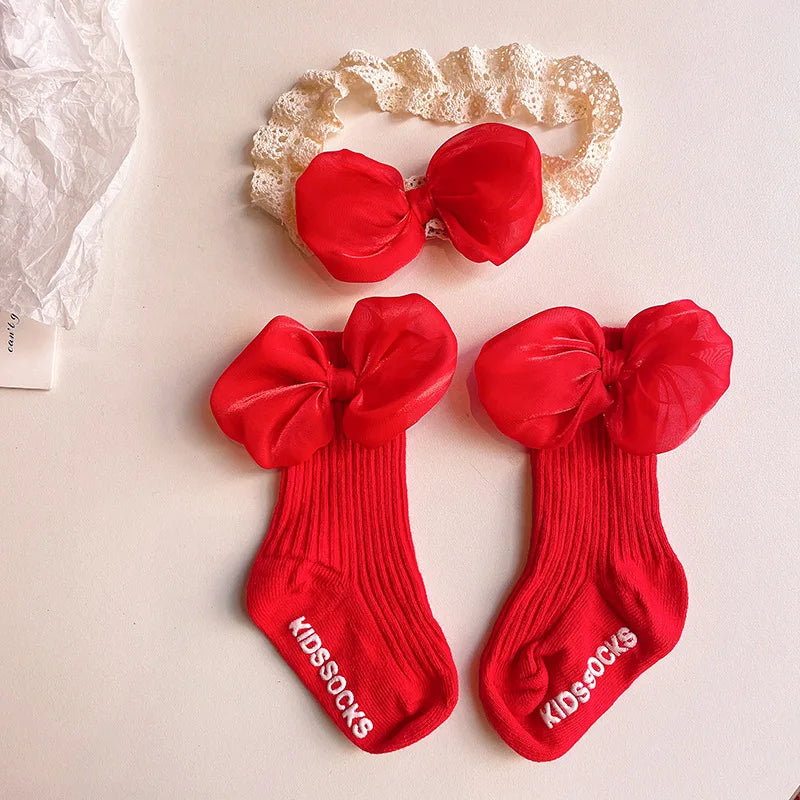 Baby Lace Headband with Ruffled Edges Bow Anti Slip Socks Set Princess Cute Photo Hair Accessories Photography Props