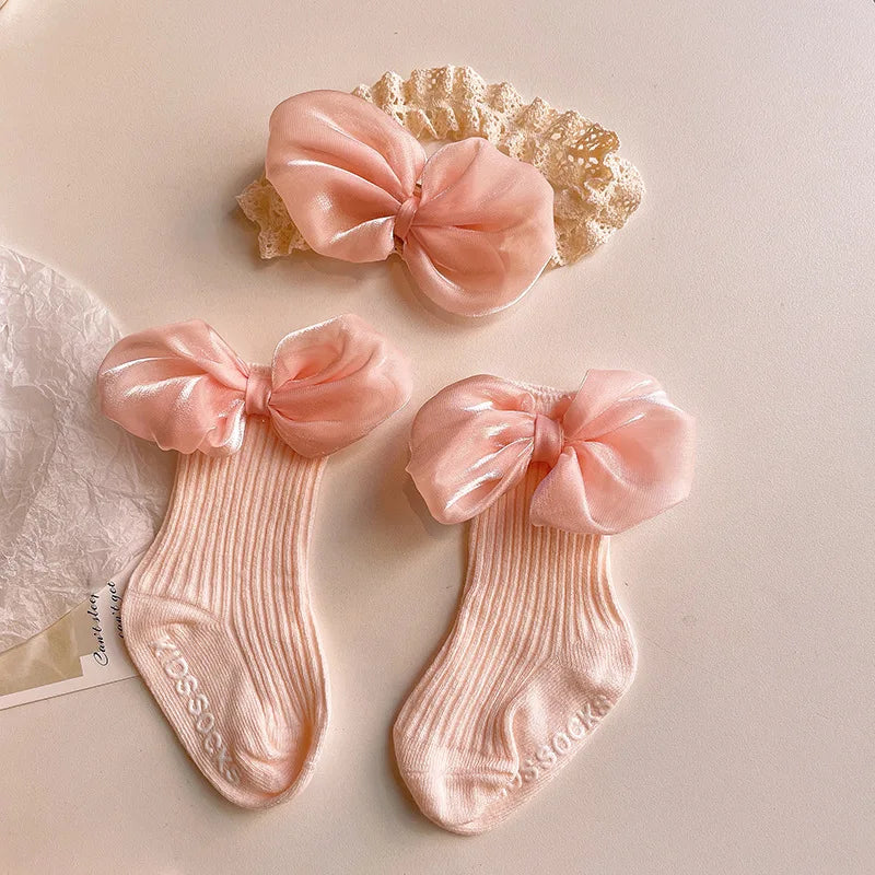 Baby Lace Headband with Ruffled Edges Bow Anti Slip Socks Set Princess Cute Photo Hair Accessories Photography Props