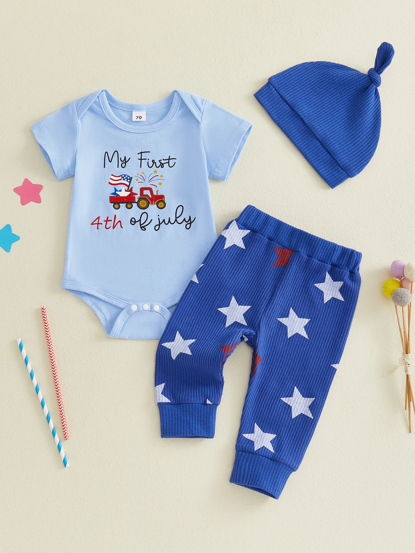 4th of July Baby Boys Outfit Adorable Letter Tractor Print Short Sleeve O Neck Jumpsuit Hat Elastic Waist Pants Set