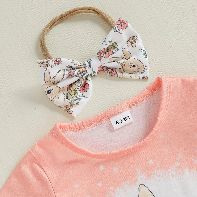 Baby Girls Easter Outfits with Bow Headband Bunny Pattern Rompers with Flared Pants 3 Pcs Newborn Clothes Set