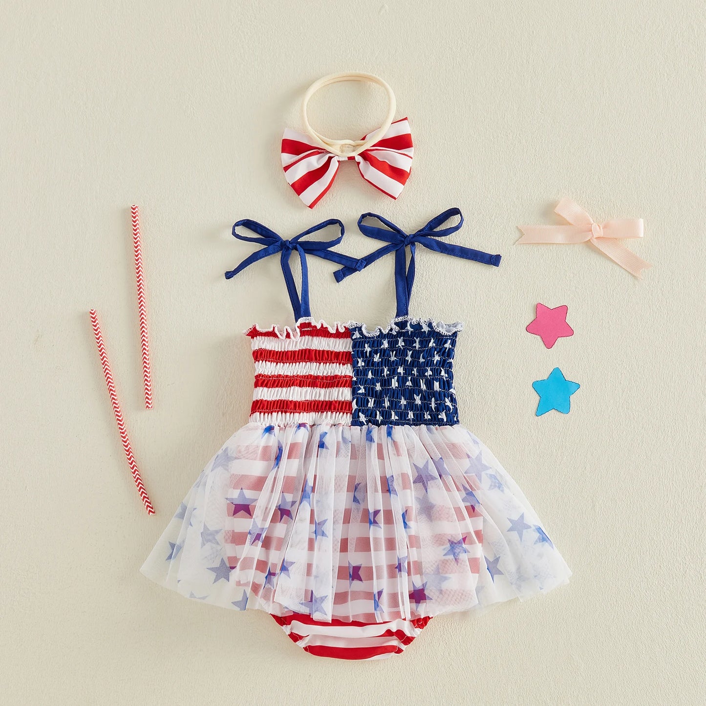 Infant Baby Girl Bodysuits Outfit Independence Day Sleeveless Tie up Shoulder Strap Star Stripe Print Romper Dress and Headband