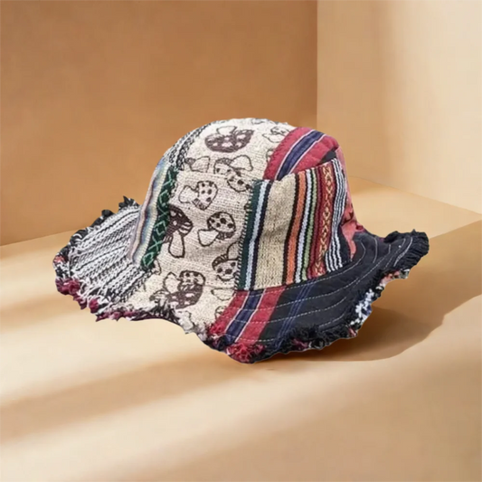 Patchwork Mushroom Hemp Bucket Hat | Wide Brim Hippie Hat with Hidden Pocket