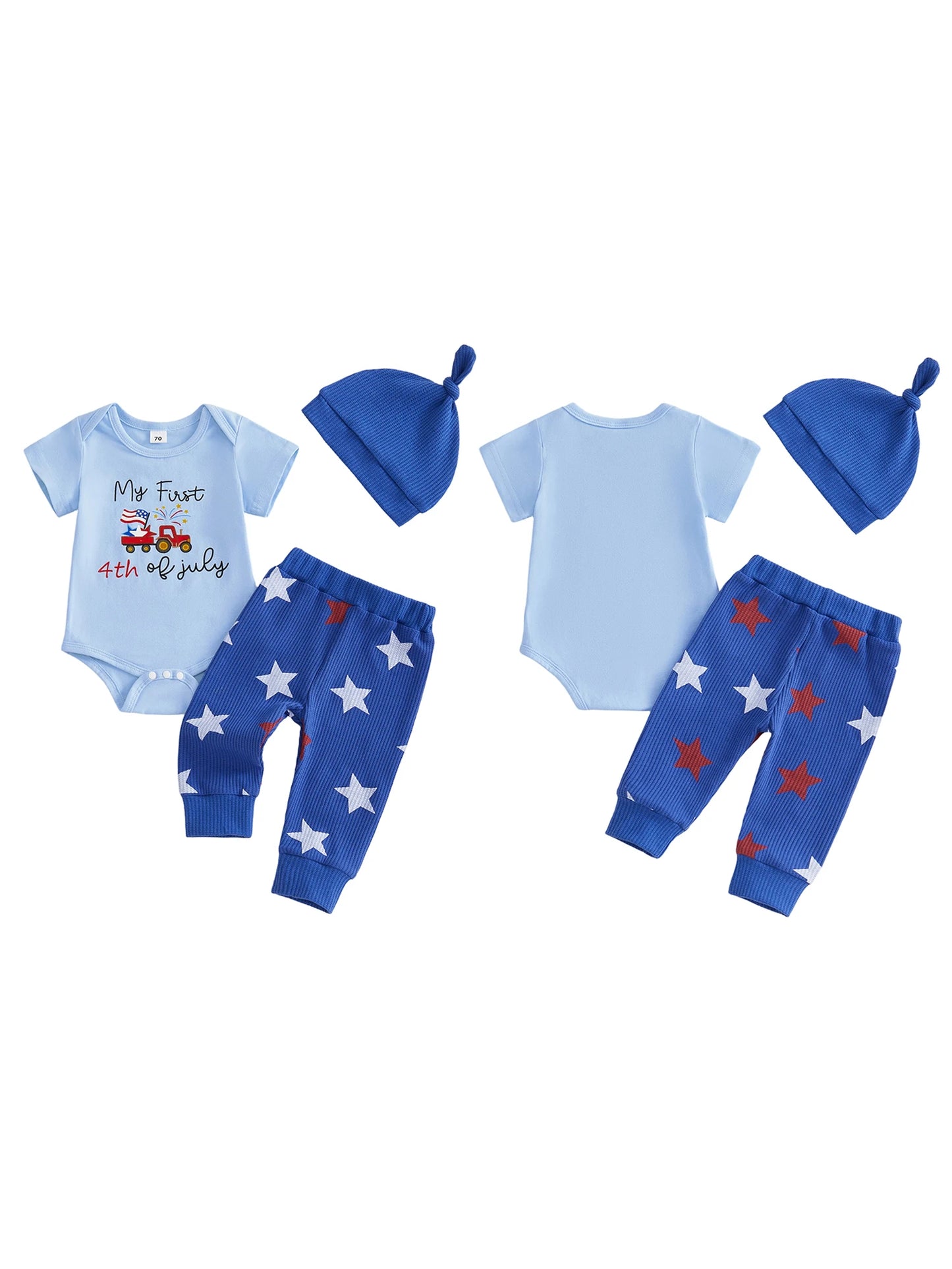 4th of July Baby Boys Outfit Adorable Letter Tractor Print Short Sleeve O Neck Jumpsuit Hat Elastic Waist Pants Set