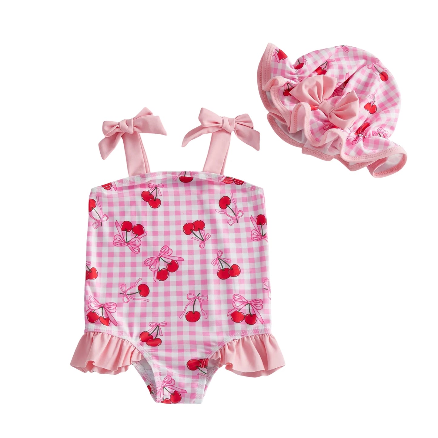 FOCUSNORM 0-3Y Lovely Toddler Baby Girls Summer Swimsuit Strawberry/Bow/Cherry Print Sleeveless Tie Shoulder Bathing Suit Cap