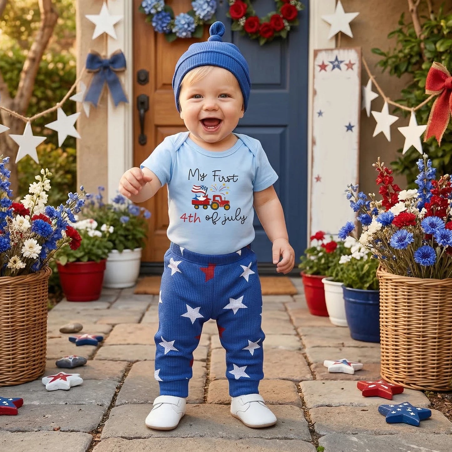4th of July Baby Boys Outfit Adorable Letter Tractor Print Short Sleeve O Neck Jumpsuit Hat Elastic Waist Pants Set
