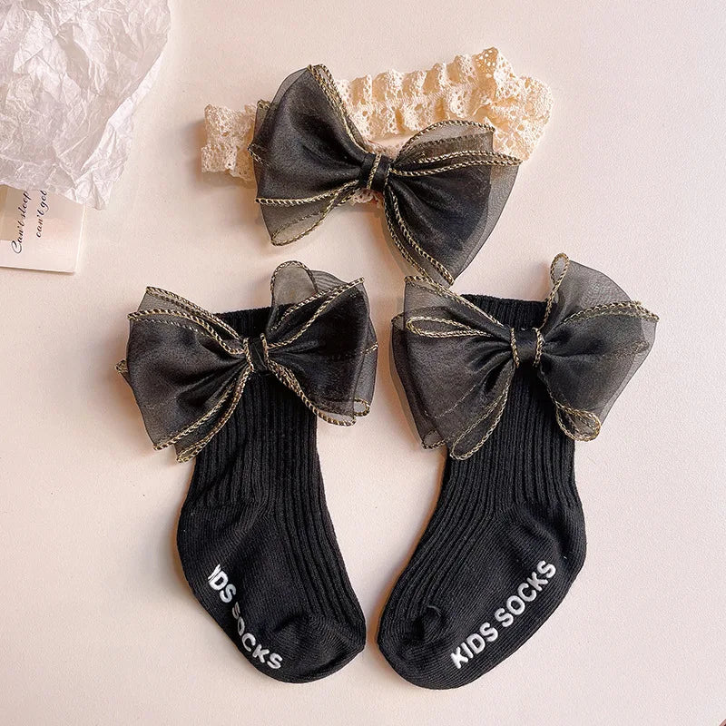 Baby Lace Headband with Ruffled Edges Bow Anti Slip Socks Set Princess Cute Photo Hair Accessories Photography Props