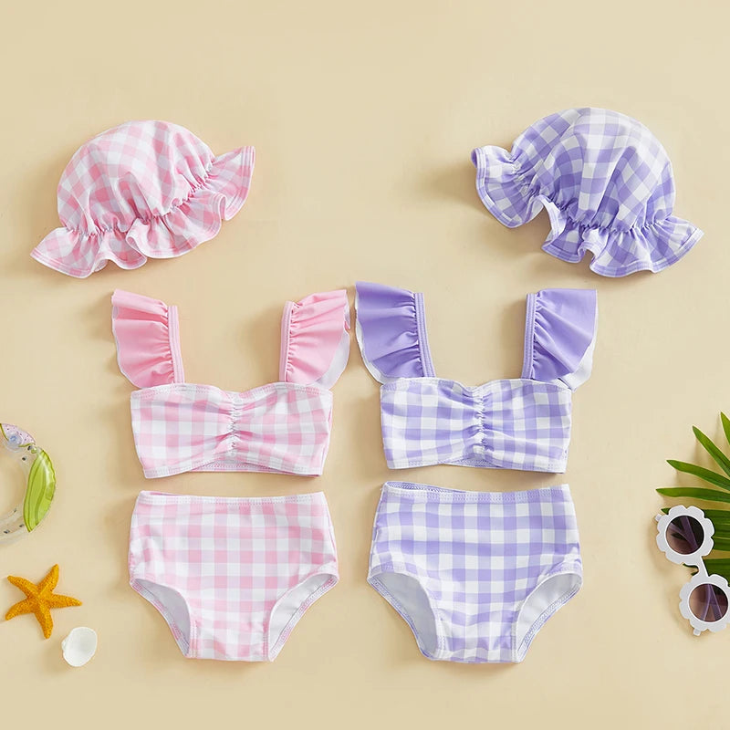 Children 3Pcs Beachwear Baby Girl Bikini Swimsuit Infant Casual Bathing Suit Newborn Swimwear Plaid Fly Sleeve Tank Tops Shorts