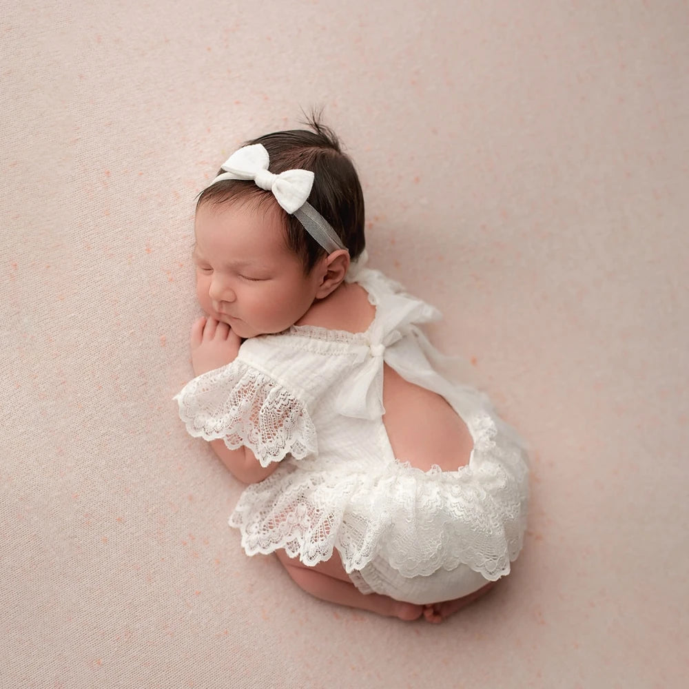 Baby Girl Lace Ruffle Open Back Romper Bow Headband Newborn Photography Props Infant Photo Shoot Outfit Newborn Prop