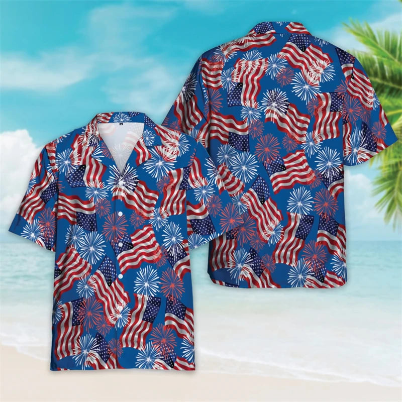 4th of July Patriotic Hawaiian Button Shirt | USA Flag Lapel | Men's