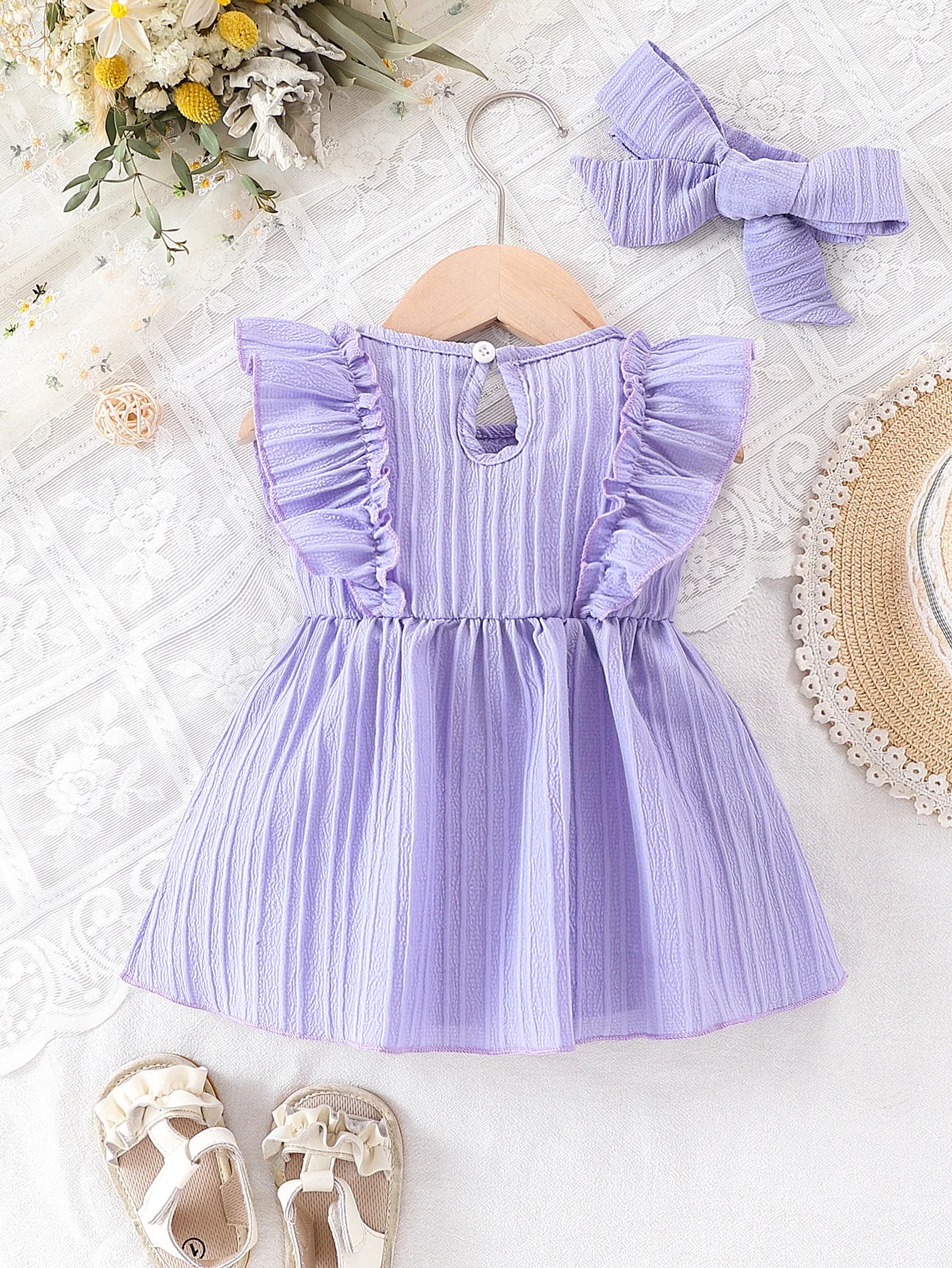 2pcs Baby Girls Purple Bow Jacquard Princess Dress with Hair Clip, Sweet Style, for Photoshoot/Daily/Outdoor, 0-18M, Breathable