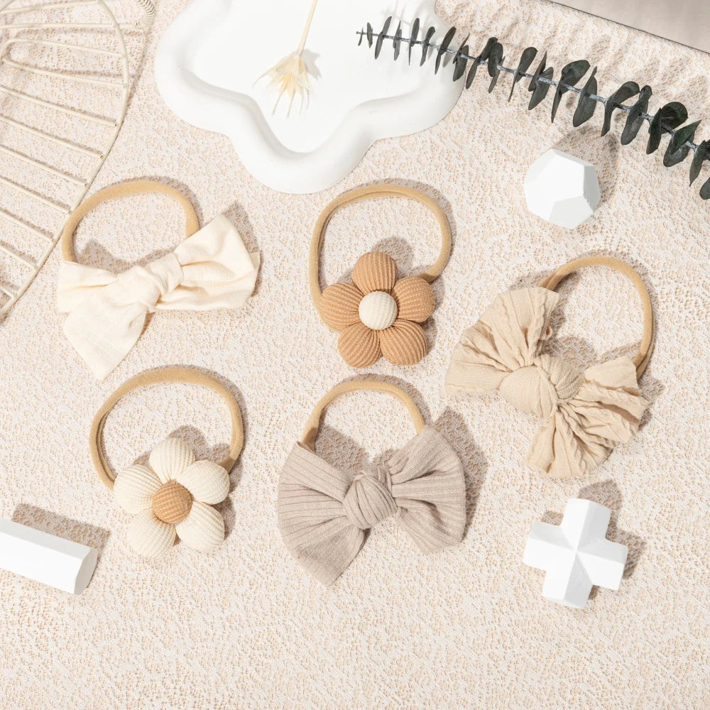Baby Flower Bow Headband Set of 5 | Soft Nylon | 4 Months–6 Years