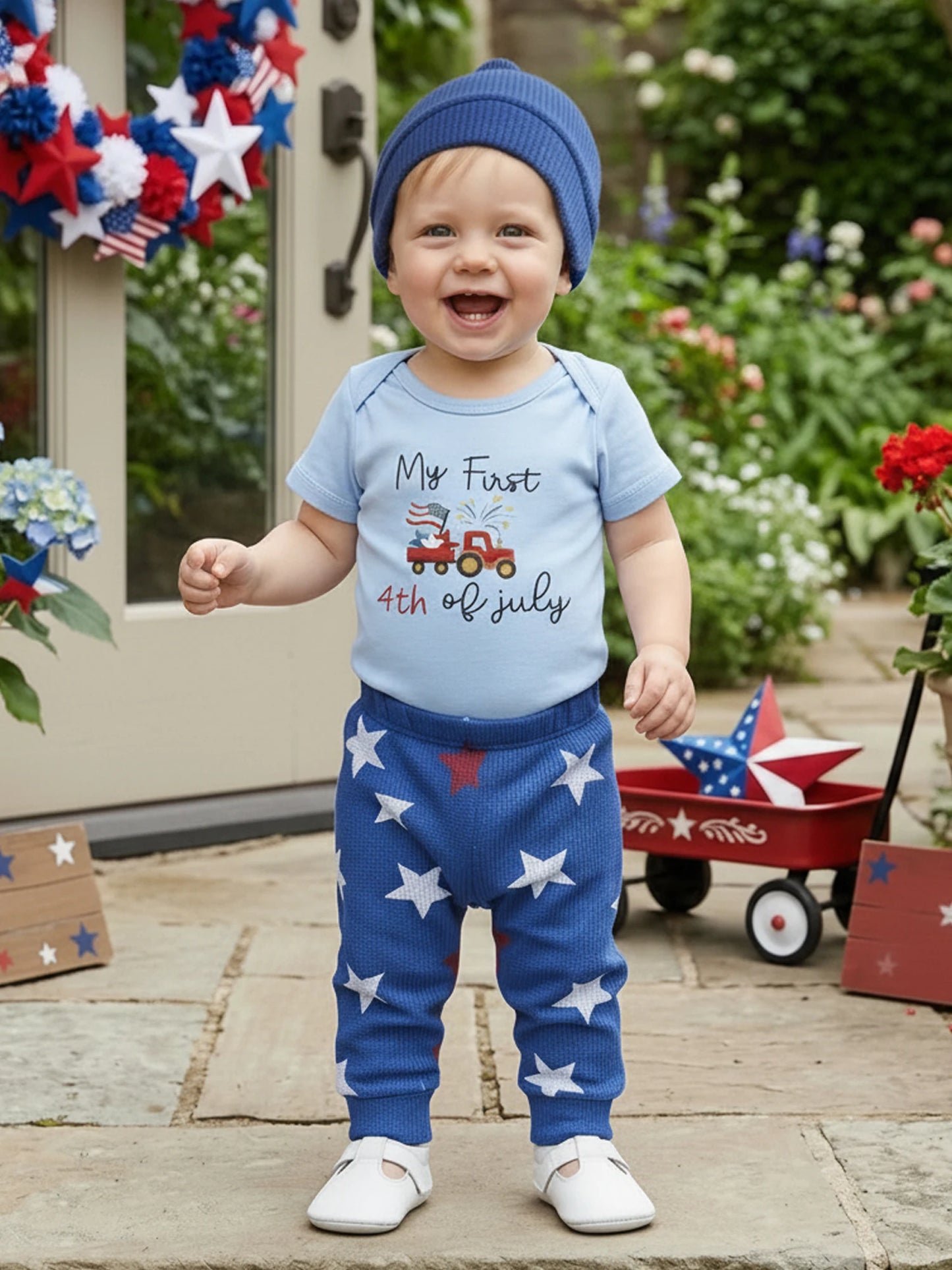 4th of July Baby Boys Outfit Adorable Letter Tractor Print Short Sleeve O Neck Jumpsuit Hat Elastic Waist Pants Set