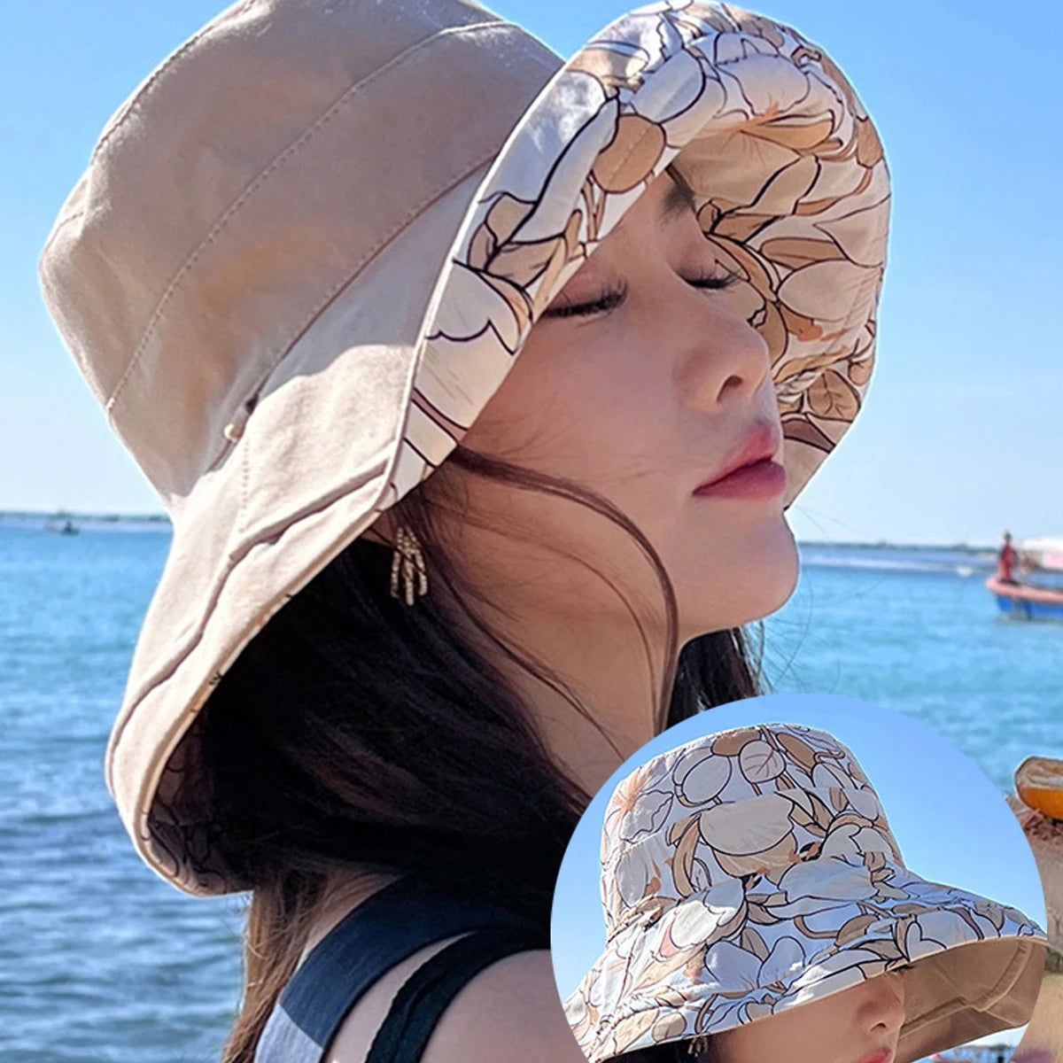 Double-Sided Flower Print Bucket Hat | Wide Brim Sun Hat with Windproof Rope | Women's