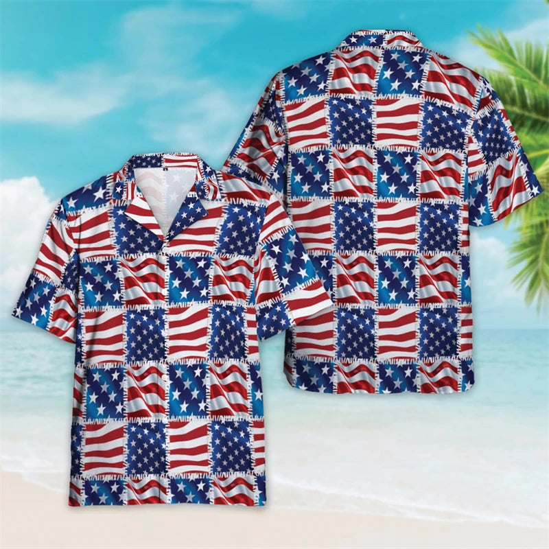 4th of July Patriotic Hawaiian Button Shirt | USA Flag Lapel | Men's
