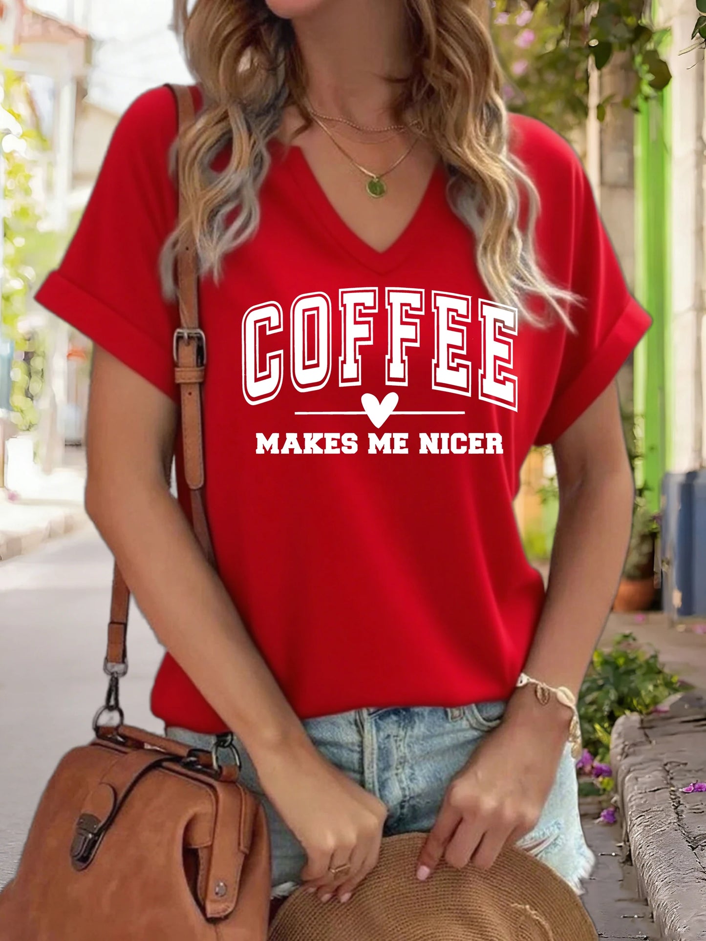 Women's V-Neck "Coffee Makes Me Nicer" Graphic Tee, Funny Coffee Lover Print T-Shirt, Casual Short Sleeve Top