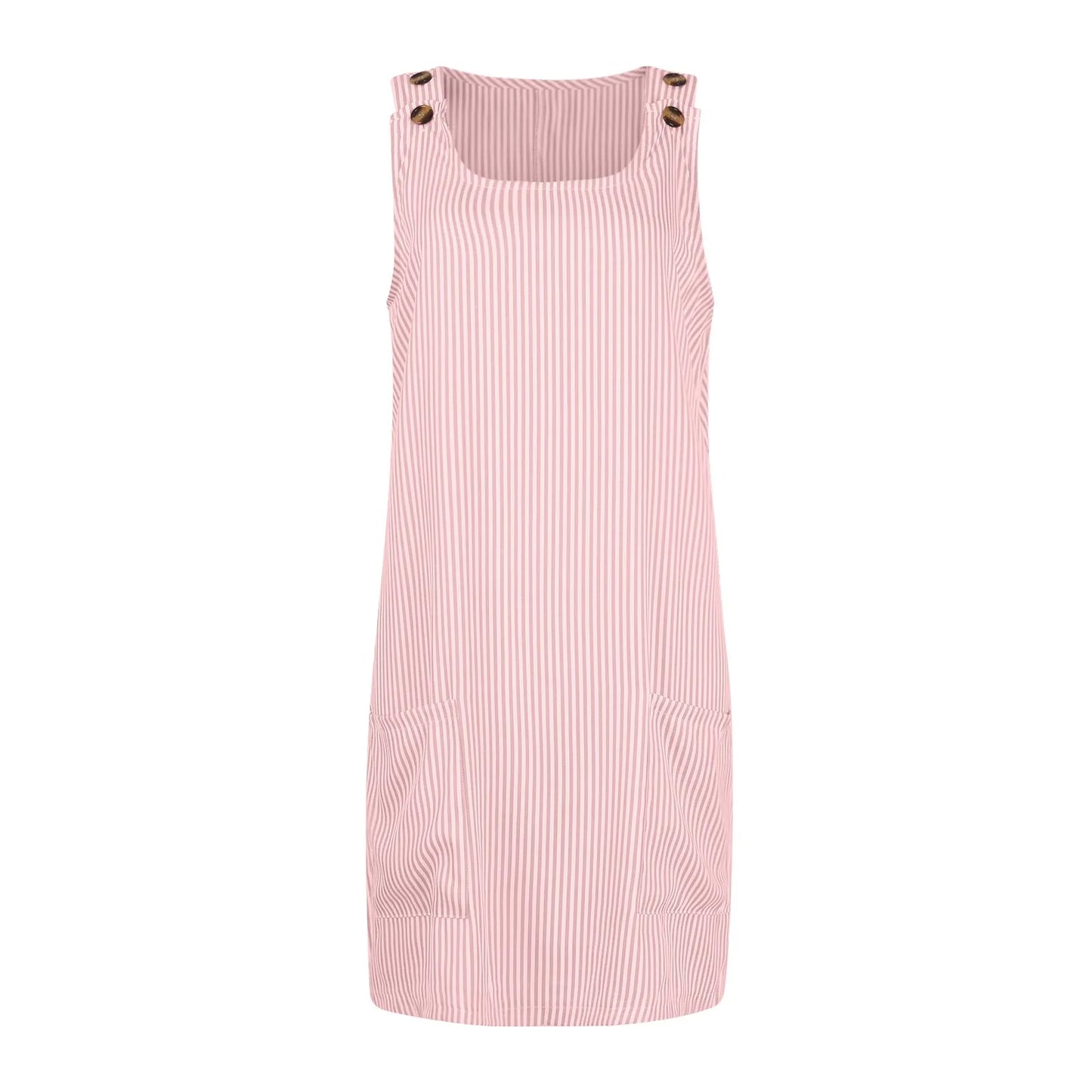 Summer Fashion Stripped Patchwork Commuting U-Neck Sleeveless Pockets Back Button Casual Straight Slimming Mini Dress For Women