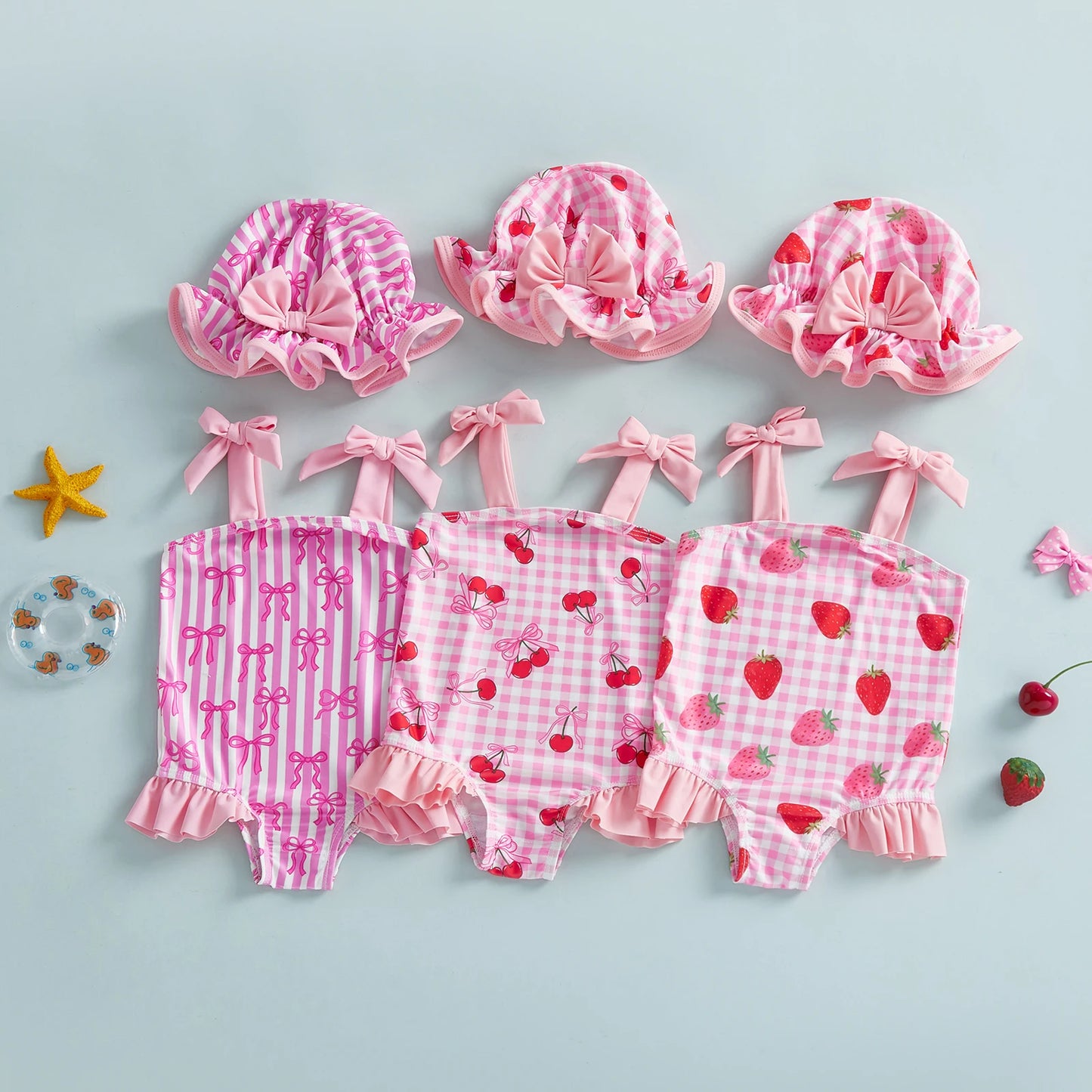 FOCUSNORM 0-3Y Lovely Toddler Baby Girls Summer Swimsuit Strawberry/Bow/Cherry Print Sleeveless Tie Shoulder Bathing Suit Cap