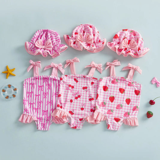 FOCUSNORM 0-3Y Lovely Toddler Baby Girls Summer Swimsuit Strawberry/Bow/Cherry Print Sleeveless Tie Shoulder Bathing Suit Cap