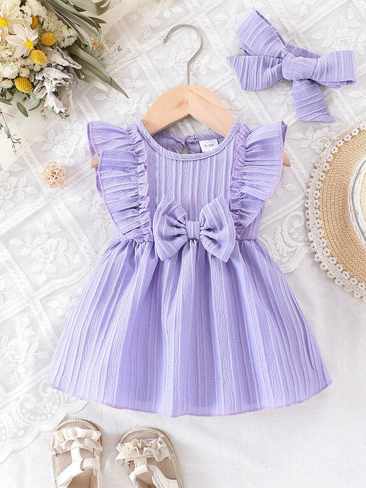 2pcs Baby Girls Purple Bow Jacquard Princess Dress with Hair Clip, Sweet Style, for Photoshoot/Daily/Outdoor, 0-18M, Breathable