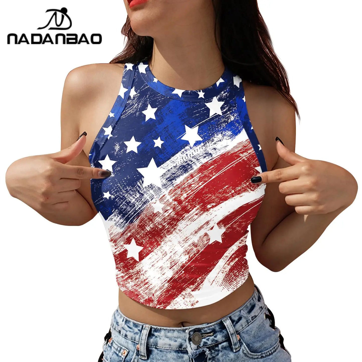 Nadanbao Women's Summer Independence's Day American Flag Print Tight Breathable and Comfortable Sleeveless Sexy Tank Top T-Shirt
