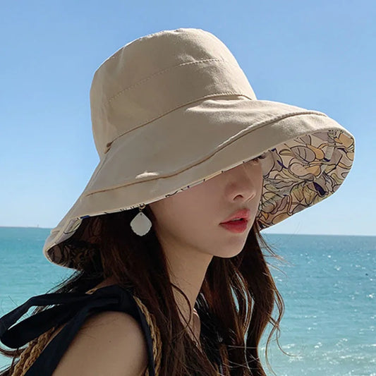 Double-Sided Flower Print Bucket Hat | Wide Brim Sun Hat with Windproof Rope | Women's