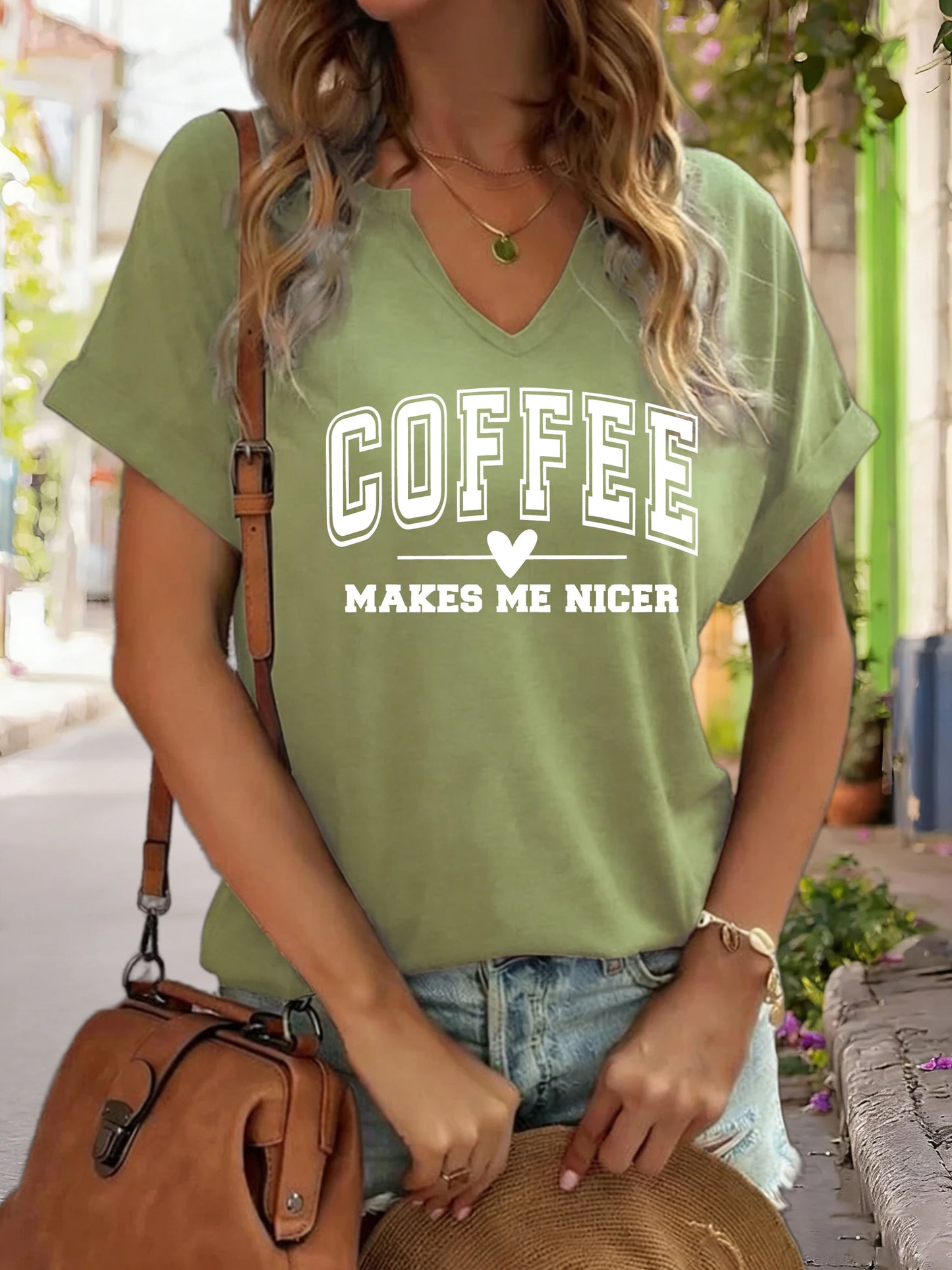 Women's V-Neck "Coffee Makes Me Nicer" Graphic Tee, Funny Coffee Lover Print T-Shirt, Casual Short Sleeve Top