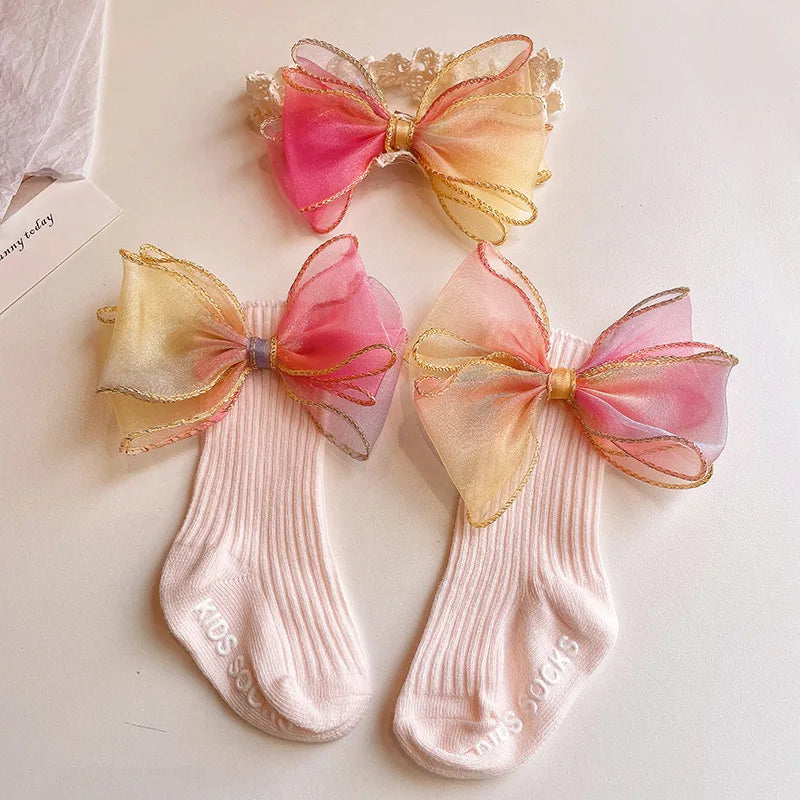 Baby Lace Headband with Ruffled Edges Bow Anti Slip Socks Set Princess Cute Photo Hair Accessories Photography Props