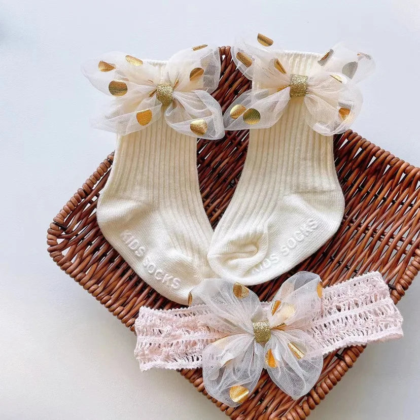 Baby Lace Headband with Ruffled Edges Bow Anti Slip Socks Set Princess Cute Photo Hair Accessories Photography Props