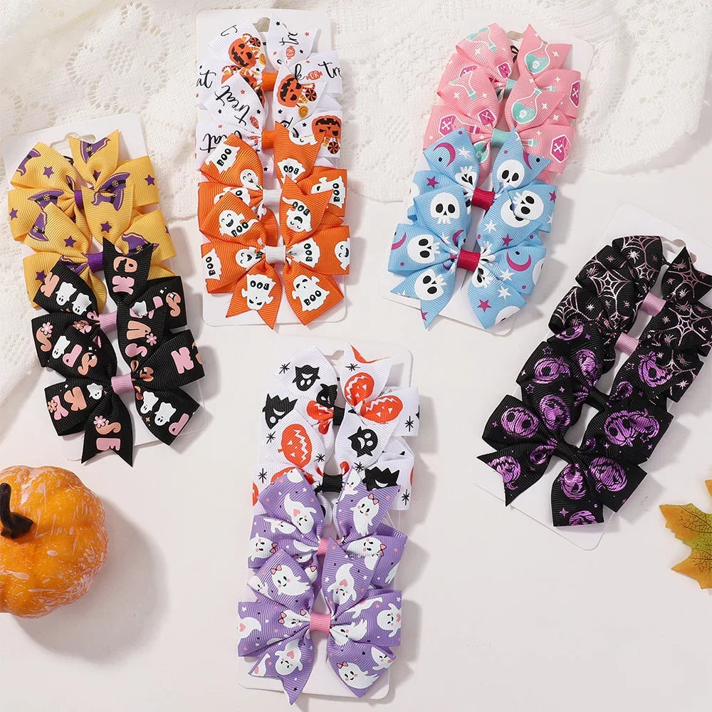 4Pcs/Set Baby Girls Bow Hair Clips 3.5'' Cute Printing Halloween Party Headdress Headwear Hair Accessories for 2-5 Years Old