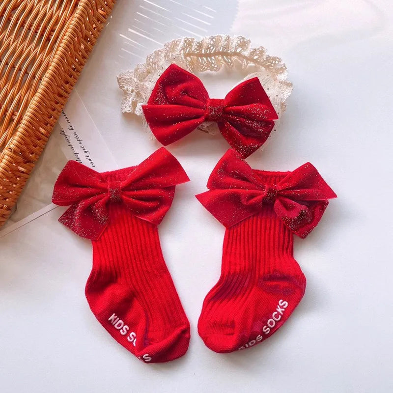 Baby Lace Headband with Ruffled Edges Bow Anti Slip Socks Set Princess Cute Photo Hair Accessories Photography Props