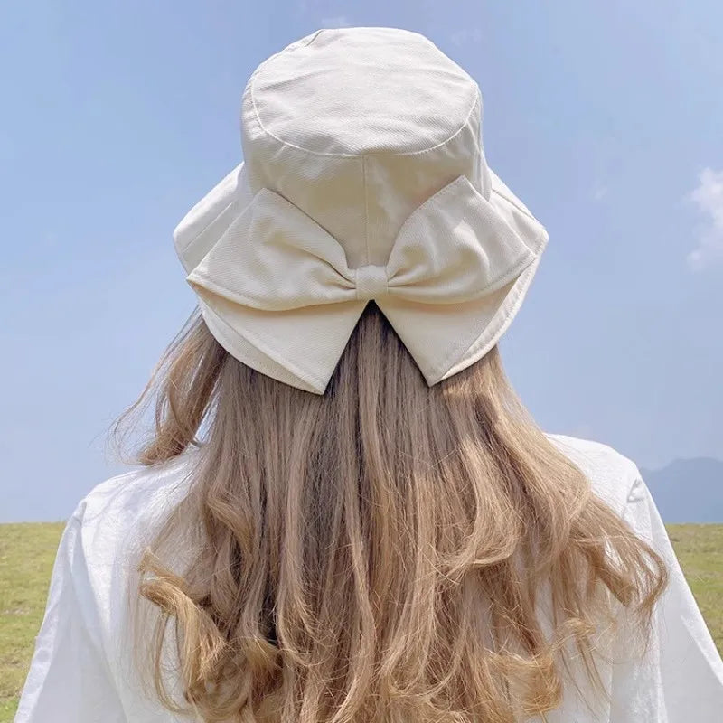 Women's Wide Brim Bow Decor Sun Hat | Japanese Style Bucket Hat | UV Protection