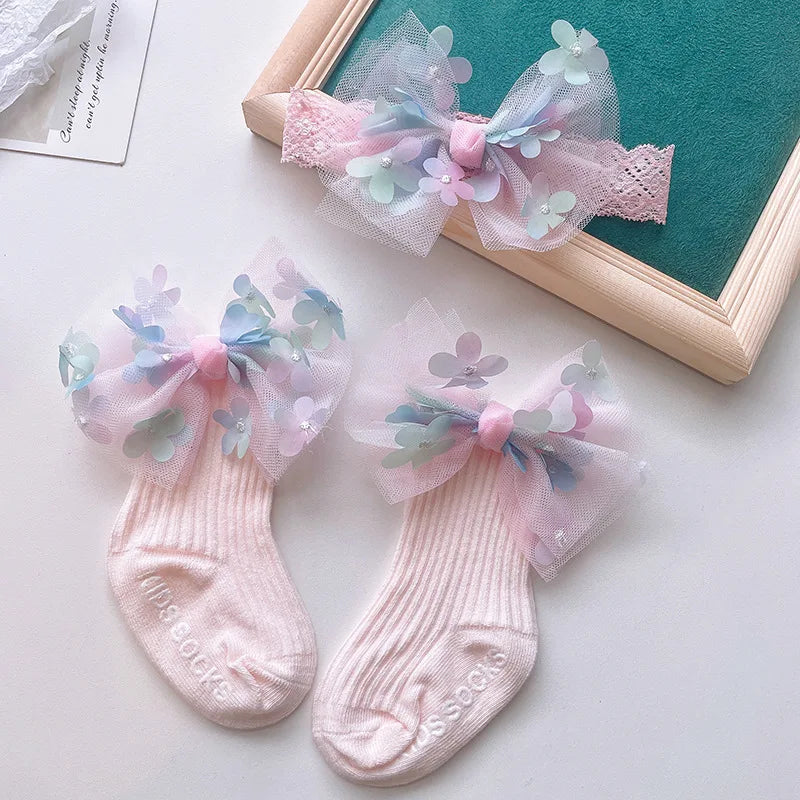 Baby Lace Headband with Ruffled Edges Bow Anti Slip Socks Set Princess Cute Photo Hair Accessories Photography Props