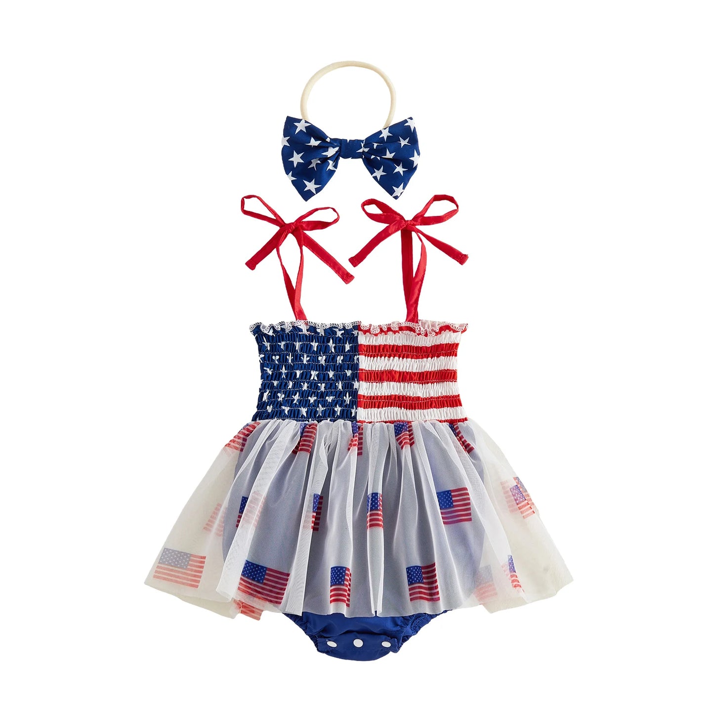 Infant Baby Girl Bodysuits Outfit Independence Day Sleeveless Tie up Shoulder Strap Star Stripe Print Romper Dress and Headband