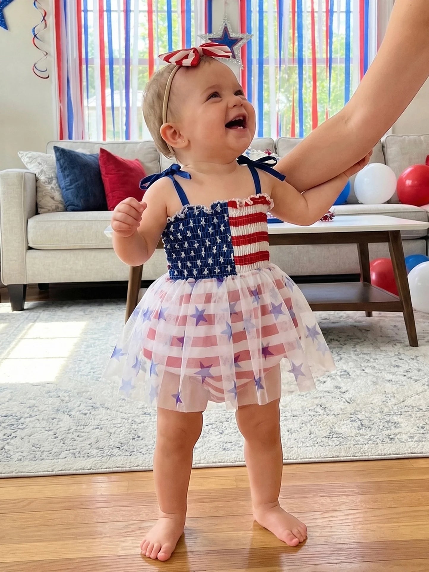 Infant Baby Girl Bodysuits Outfit Independence Day Sleeveless Tie up Shoulder Strap Star Stripe Print Romper Dress and Headband
