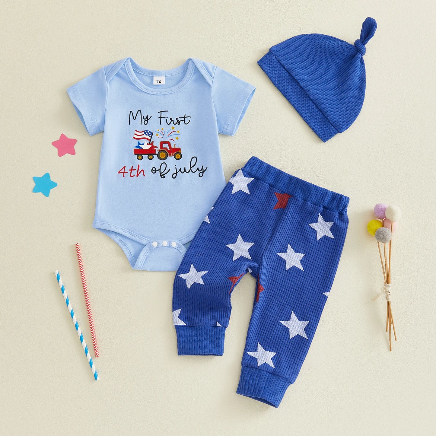 4th of July Baby Boys Outfit Adorable Letter Tractor Print Short Sleeve O Neck Jumpsuit Hat Elastic Waist Pants Set