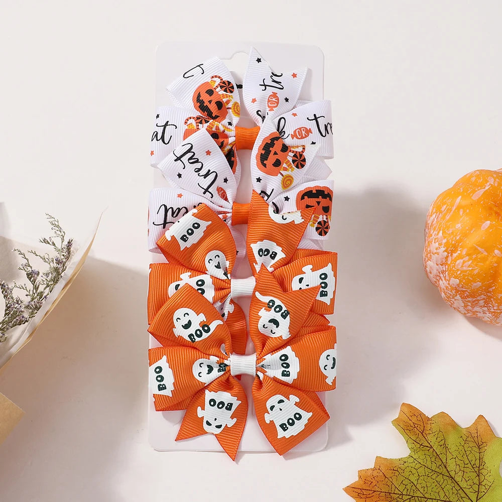4Pcs/Set Baby Girls Bow Hair Clips 3.5'' Cute Printing Halloween Party Headdress Headwear Hair Accessories for 2-5 Years Old