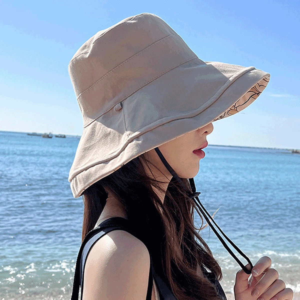 Double-Sided Flower Print Bucket Hat | Wide Brim Sun Hat with Windproof Rope | Women's