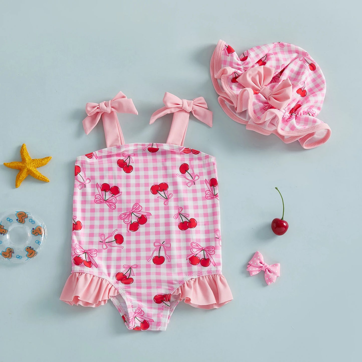 FOCUSNORM 0-3Y Lovely Toddler Baby Girls Summer Swimsuit Strawberry/Bow/Cherry Print Sleeveless Tie Shoulder Bathing Suit Cap