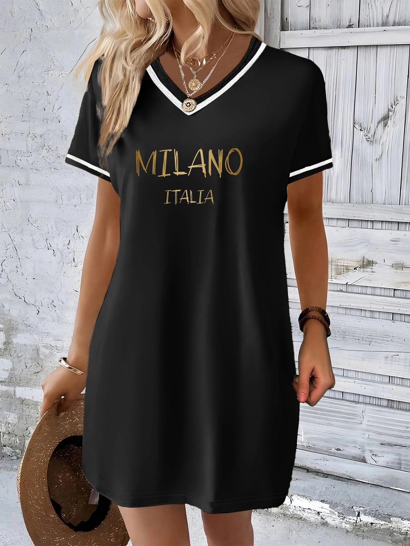 Color-Block V-Neck T-Shirt Dress | Loose Fit | Women's S–XXL