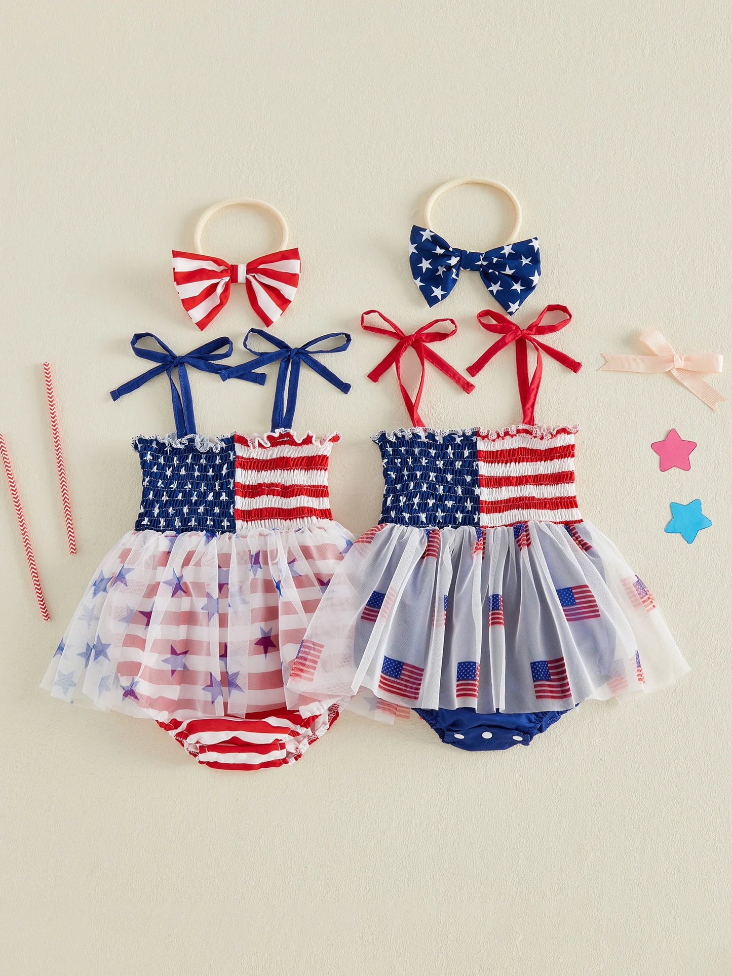 Infant Baby Girl Bodysuits Outfit Independence Day Sleeveless Tie up Shoulder Strap Star Stripe Print Romper Dress and Headband