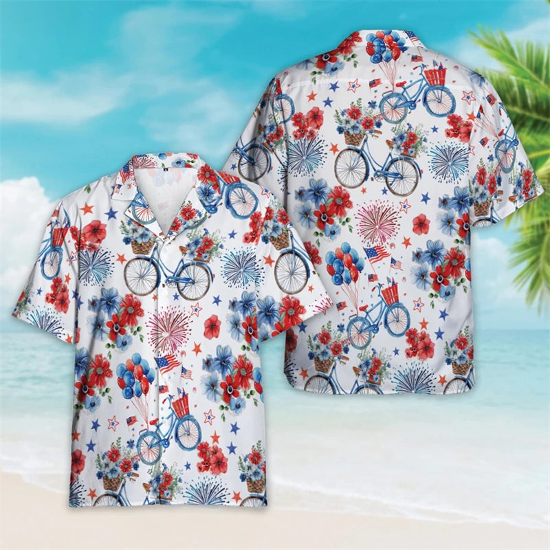 4th of July Patriotic Hawaiian Button Shirt | USA Flag Lapel | Men's