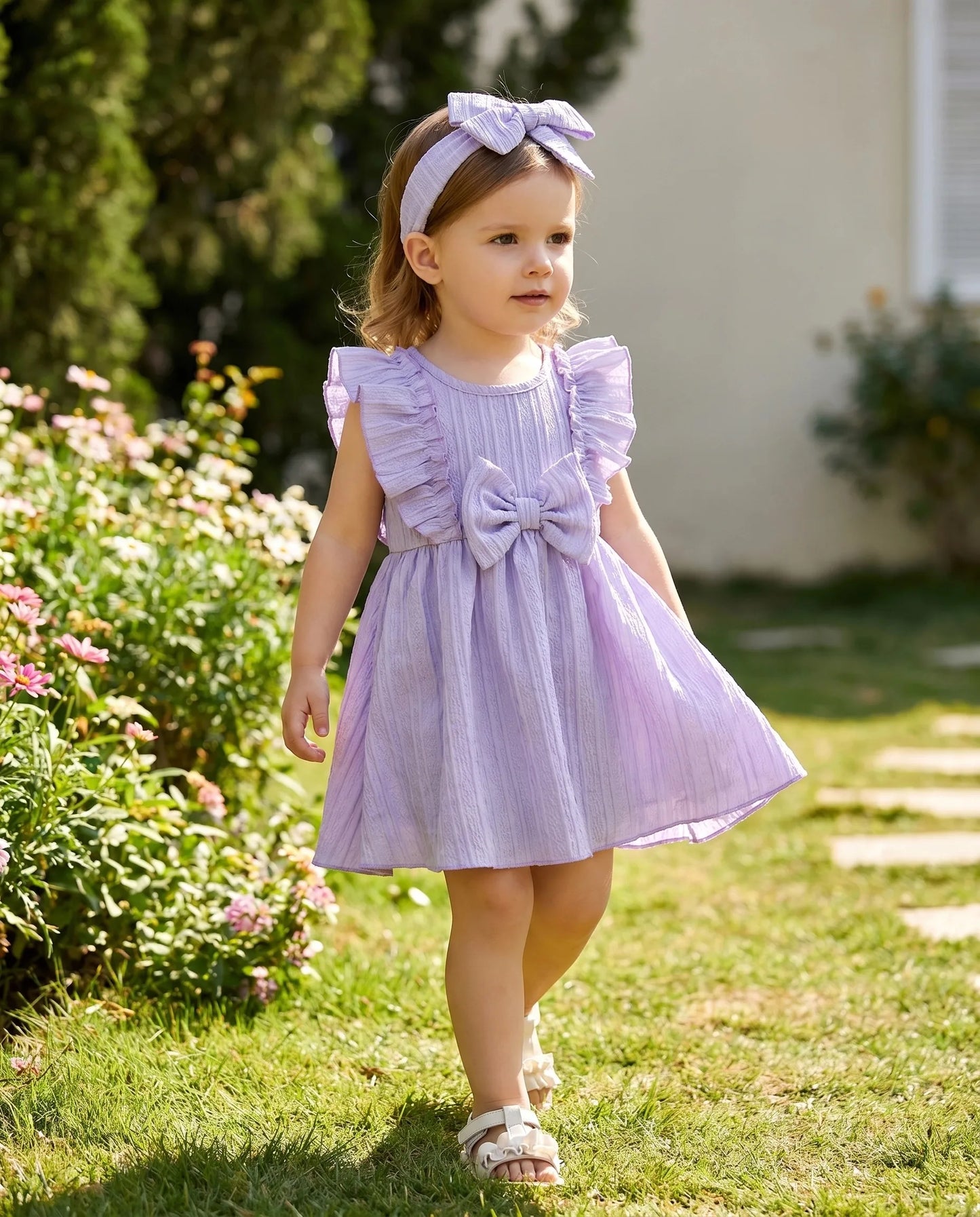 2pcs Baby Girls Purple Bow Jacquard Princess Dress with Hair Clip, Sweet Style, for Photoshoot/Daily/Outdoor, 0-18M, Breathable
