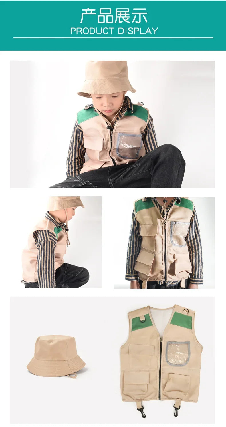 Kids Explorer Vest and Hat Costume Safari Cargo Vest Boys Outdoor Adventure Kit Halloween Cosplay Dress Up Pretend Play Costumes